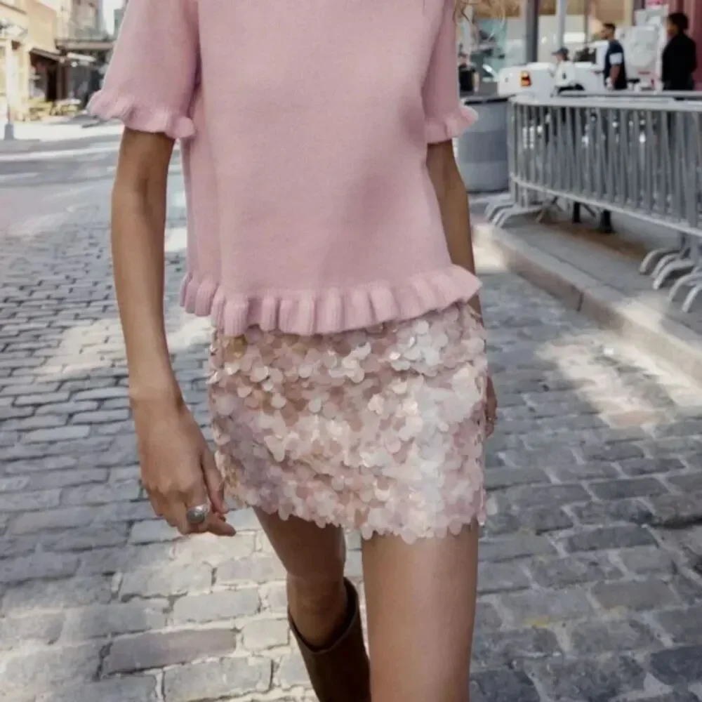 NWT Zara Sequin Mini Skirt in Dusty Pink - Picture 4 of 8